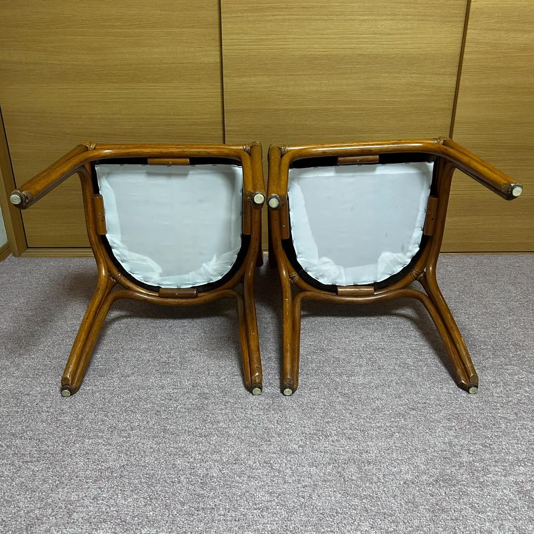 ヴィンテージ　ラタン　ダイニングテーブルセット　ガラステーブル　椅子2脚付き