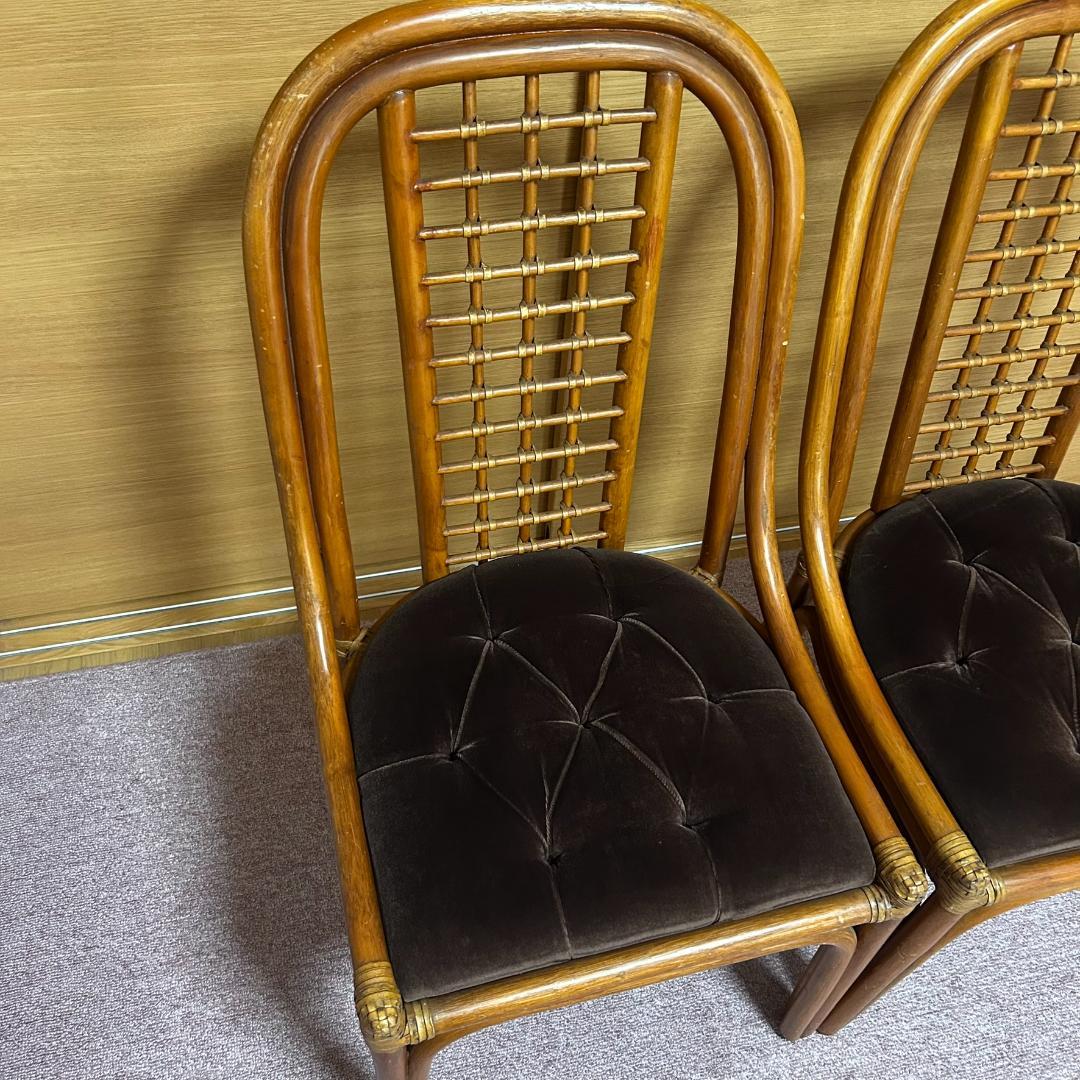 ヴィンテージ　ラタン　ダイニングテーブルセット　ガラステーブル　椅子2脚付き