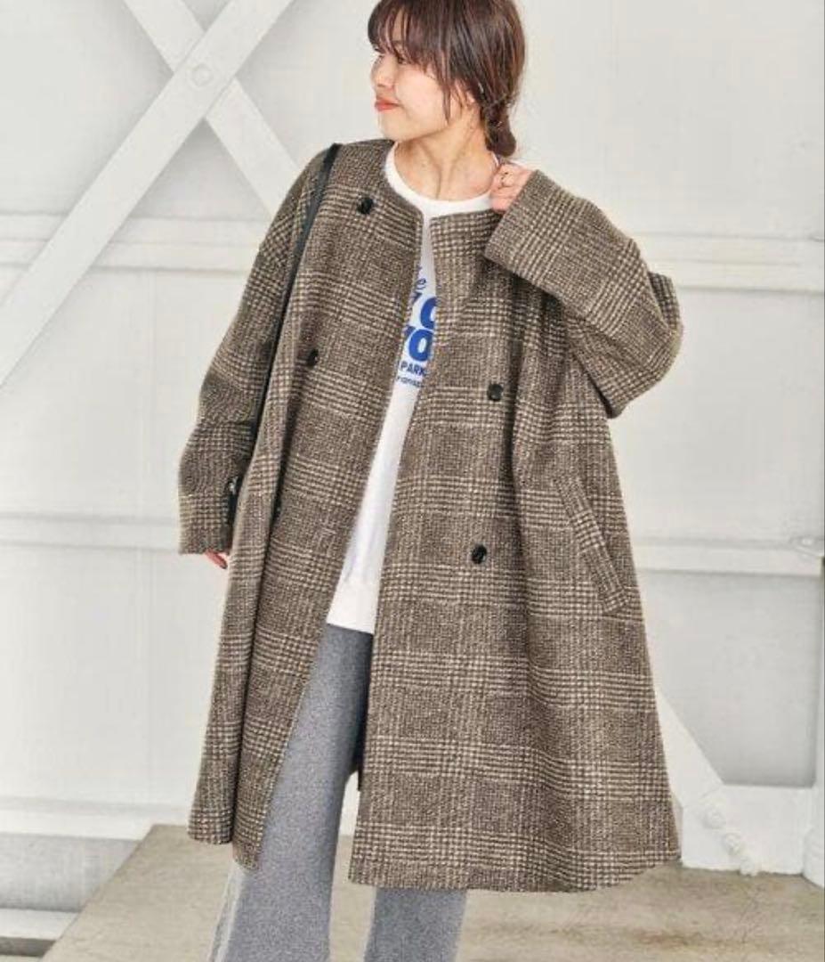 スピックアンドスパン Wスライバー ノーカラーチェックポンチョコート ブラウン