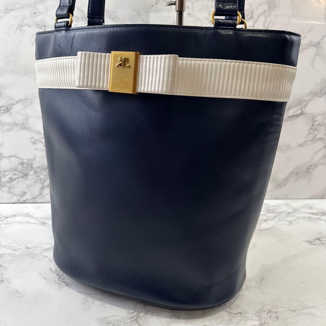 courreges クレージュ リボン 本革 レザー バケツ型 トートバッグ 紺