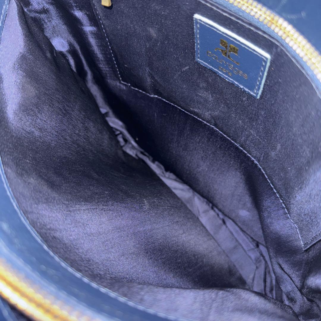 courreges クレージュ リボン 本革 レザー バケツ型 トートバッグ 紺