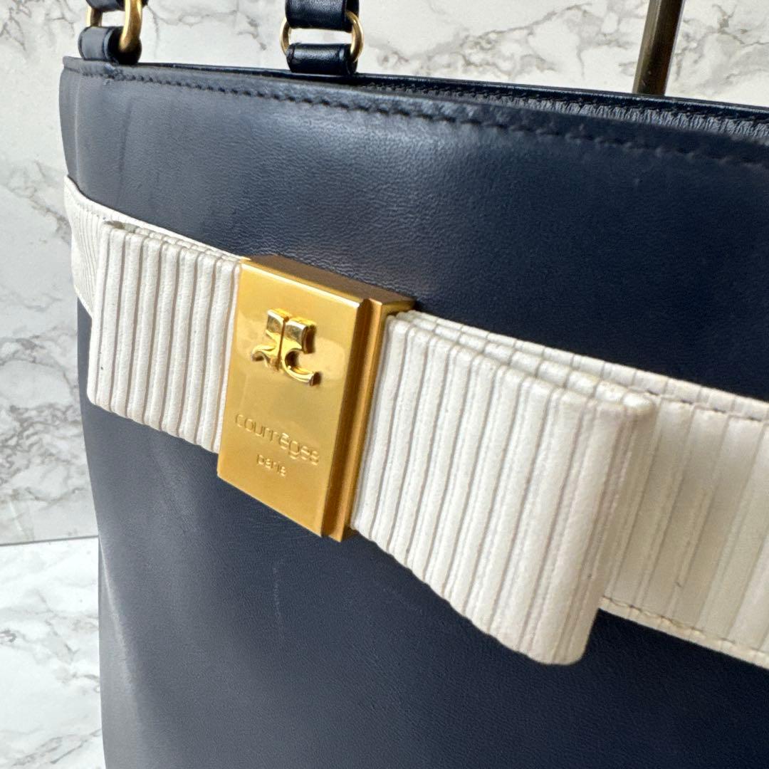 courreges クレージュ リボン 本革 レザー バケツ型 トートバッグ 紺