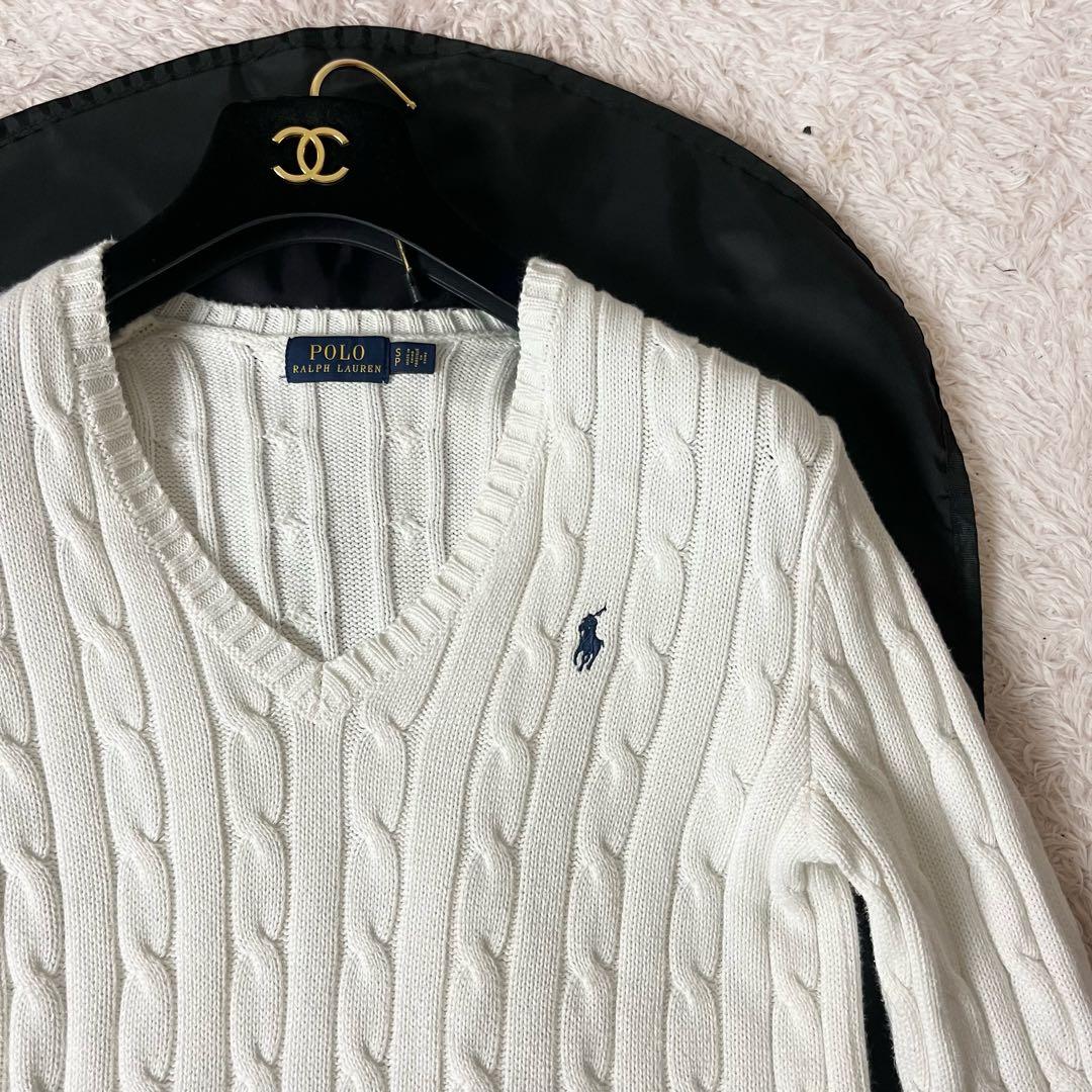ラルフローレン ケーブルニット セーター ブランドロゴ 刺繍 白 ホワイト S