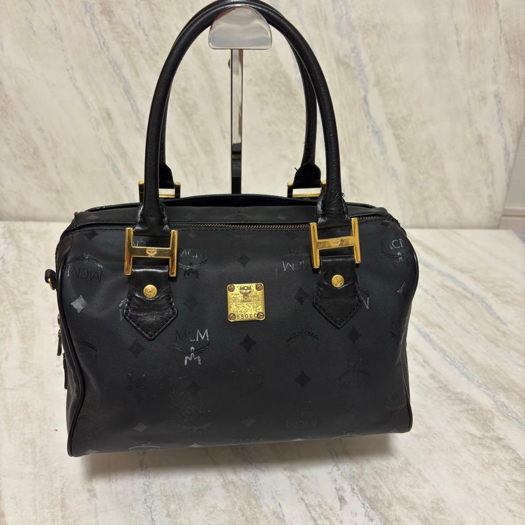 MCM エムシーエム ロゴ総柄 PVC×レザー ミニボストンバッグ ハンドバッグ