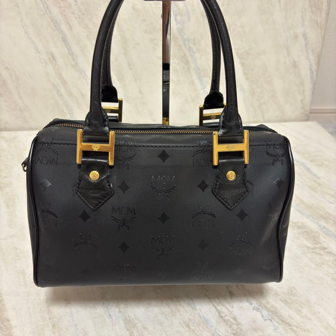 MCM エムシーエム ロゴ総柄 PVC×レザー ミニボストンバッグ ハンドバッグ