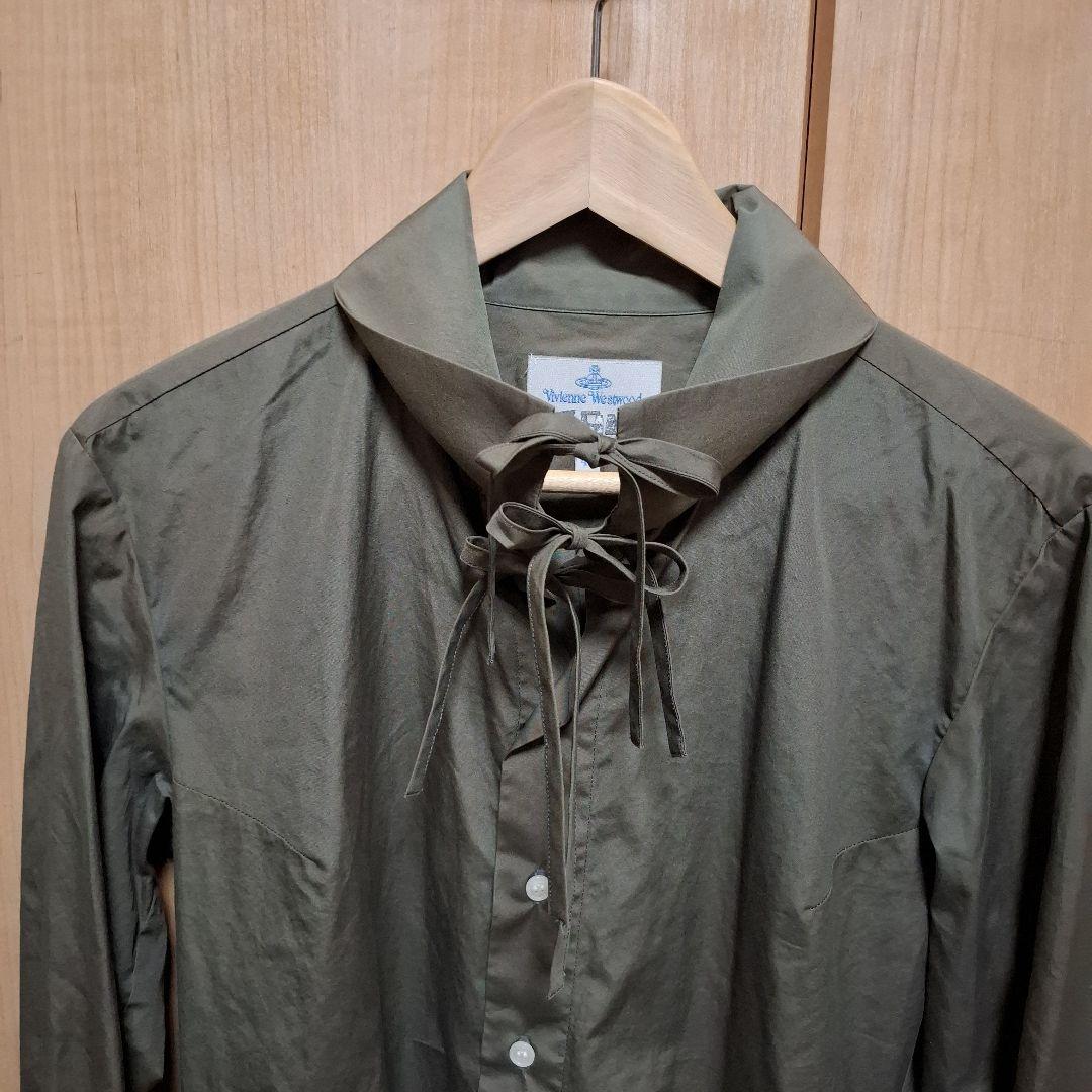 ヴィヴィアンウエストウッドマン　リボン　長袖シャツ　グリーン　44　フリルシャツ