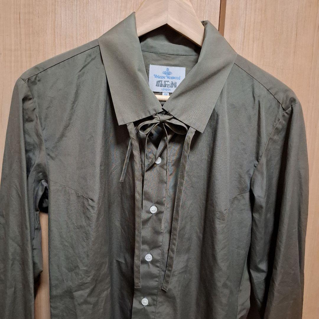 ヴィヴィアンウエストウッドマン　リボン　長袖シャツ　グリーン　44　フリルシャツ
