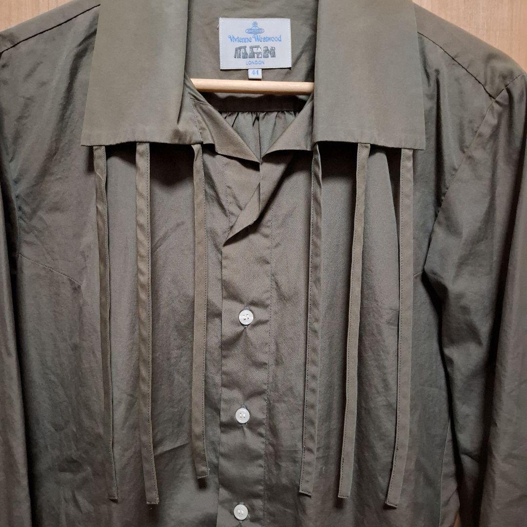 ヴィヴィアンウエストウッドマン　リボン　長袖シャツ　グリーン　44　フリルシャツ