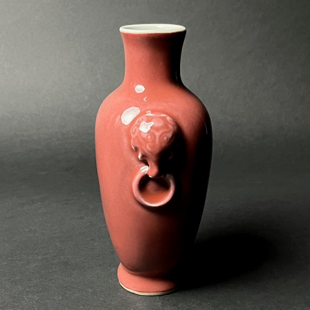 辰砂 双獣耳瓶 大清康煕年製 款 中国美術 古玩 SN25