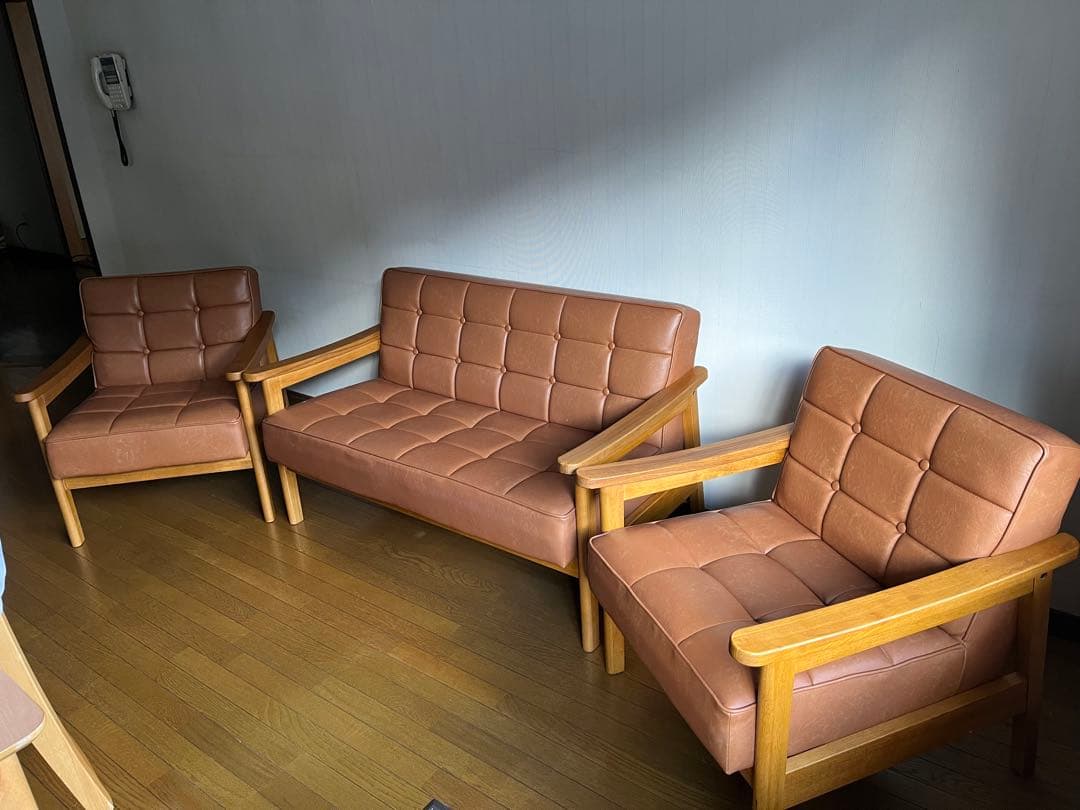 手渡し限定　ブラウン 2人掛け1人掛けソファ ３点セット　レトロモダンソファ