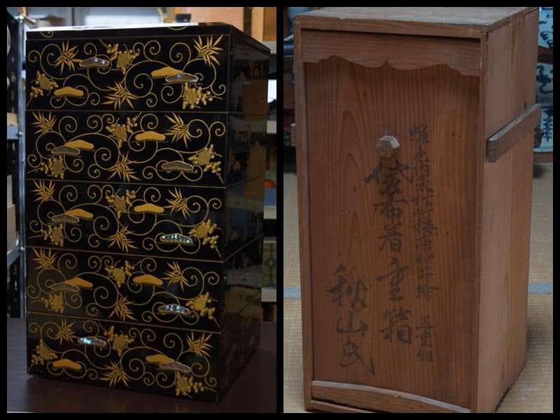 明治五年 輪島塗鳳光斎造蠟色内朱金蒔絵青貝螺鈿象嵌『松竹梅文』五重箱 替え蓋共箱