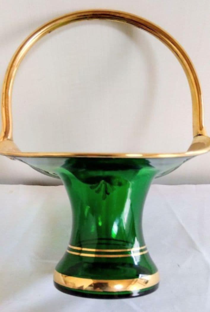 お値下げ　ベネチアンガラス バスケット グリーン　金 　花器　インテリ　美術品