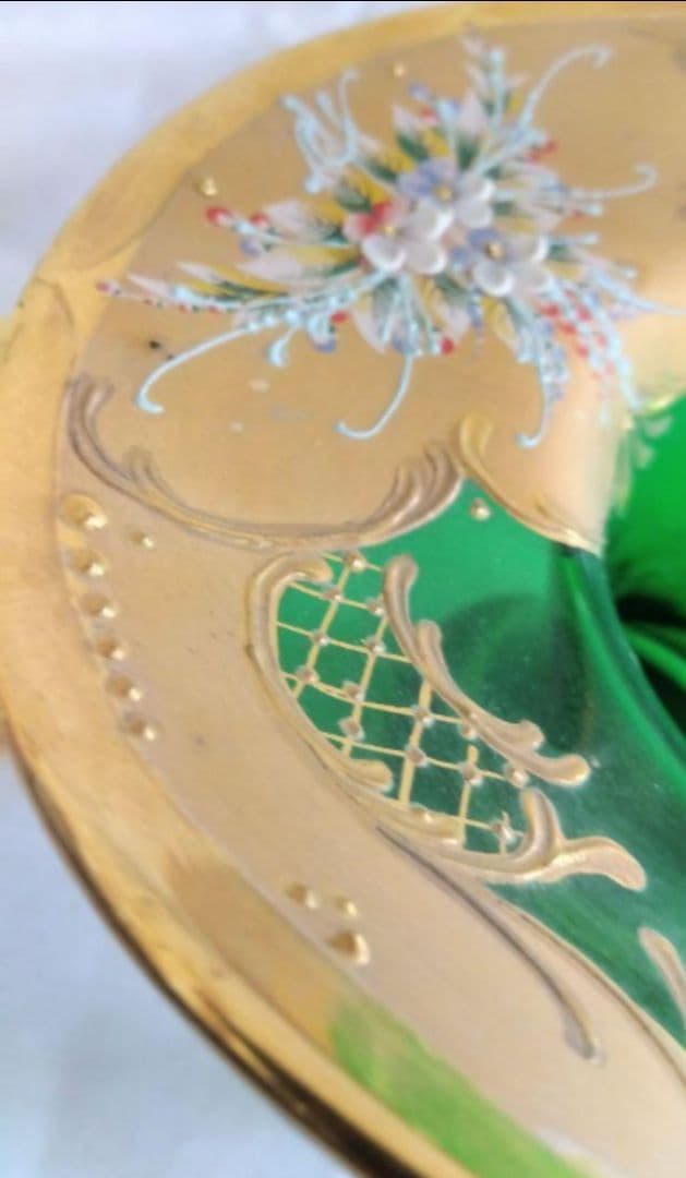 お値下げ　ベネチアンガラス バスケット グリーン　金 　花器　インテリ　美術品