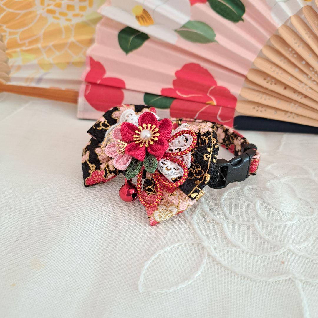 ダブルリボン、和風つまみ細工(黒×赤)わんちゃん猫ちゃん用首輪