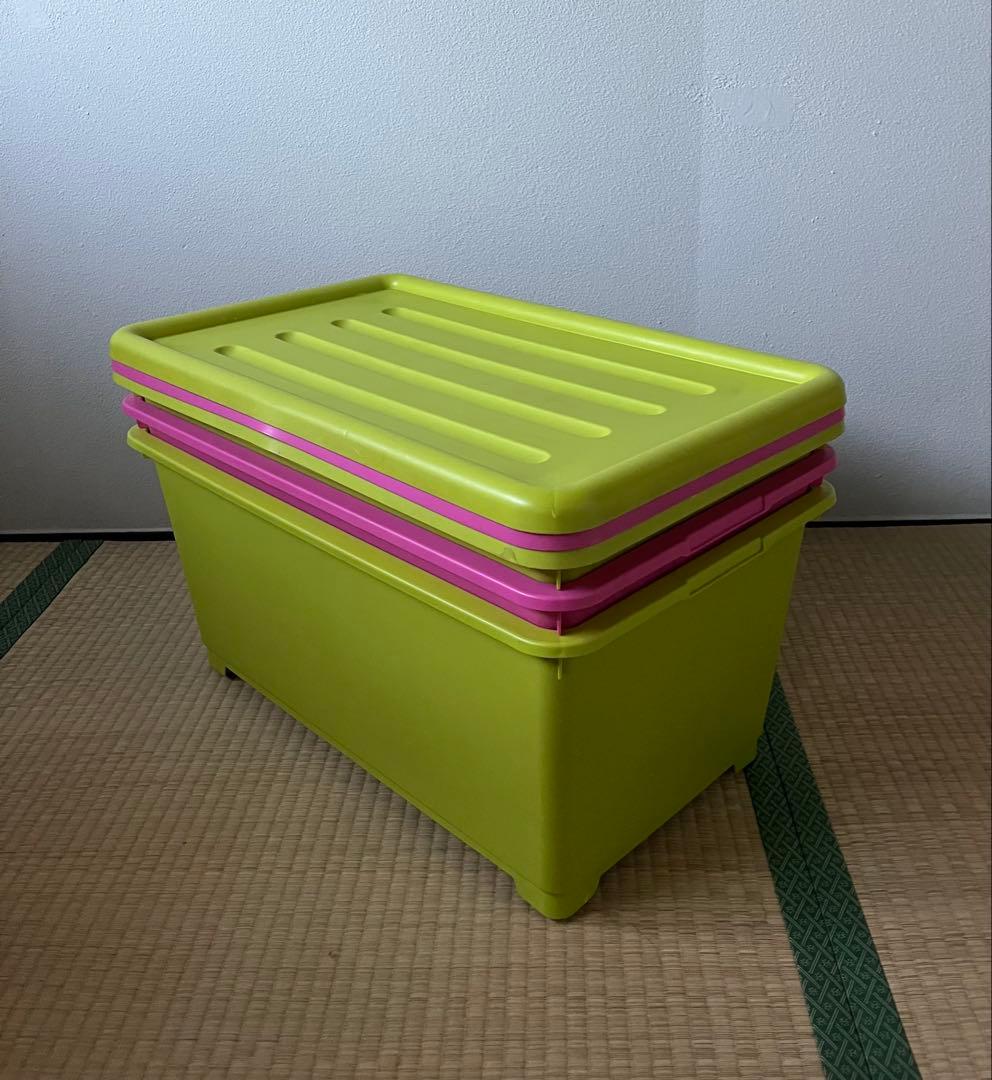 ビビットカラー衣装ケース(収納ボックス)ピンク, 黄緑 4個(大3, 小1)