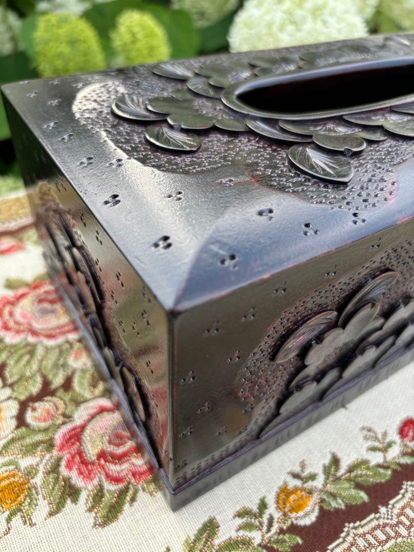 軽井沢彫り　木製桜彫刻　ティッシュボックス 伝統工芸品