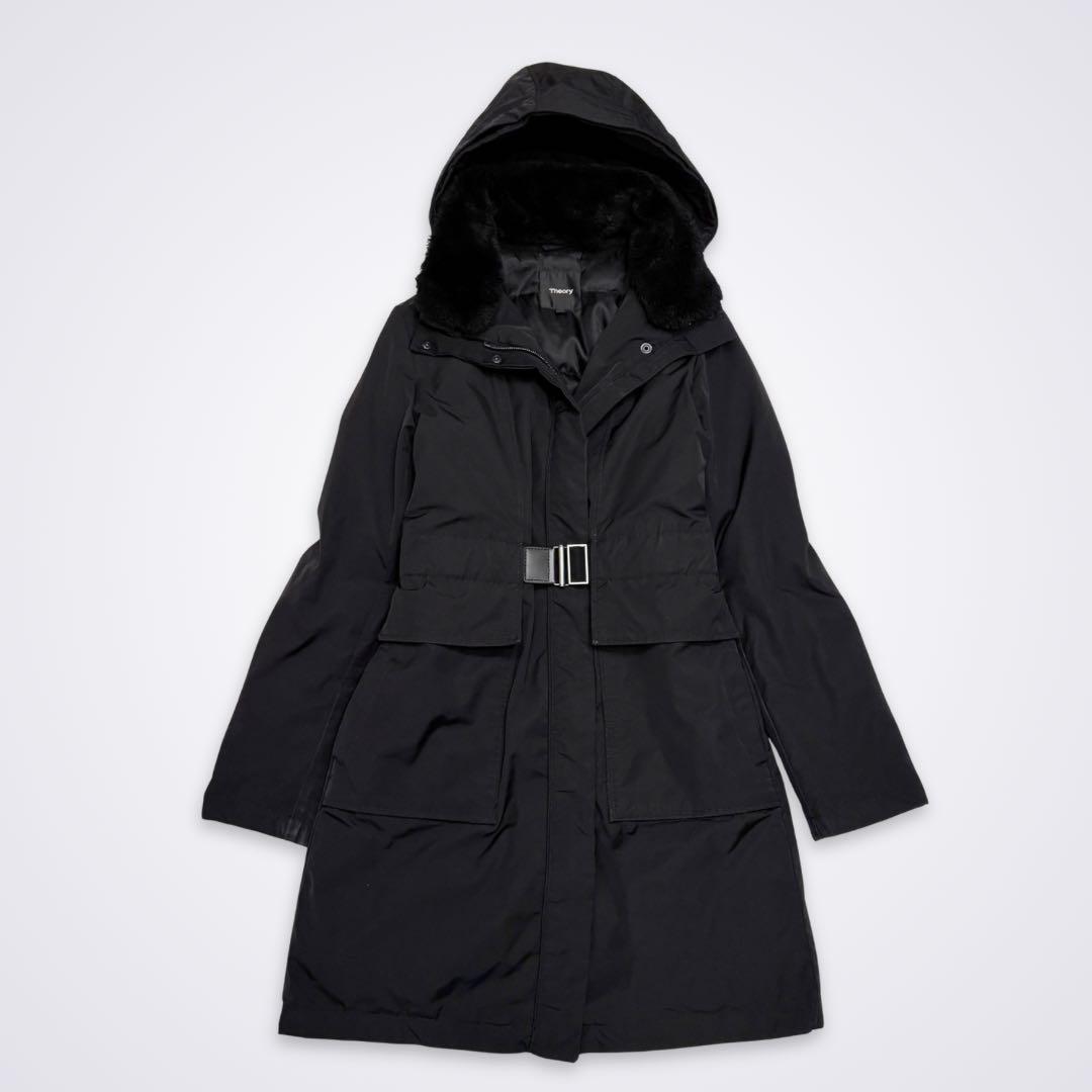 theory セオリー 牛革ベルト付きロングダウンコート Aライン ブラック