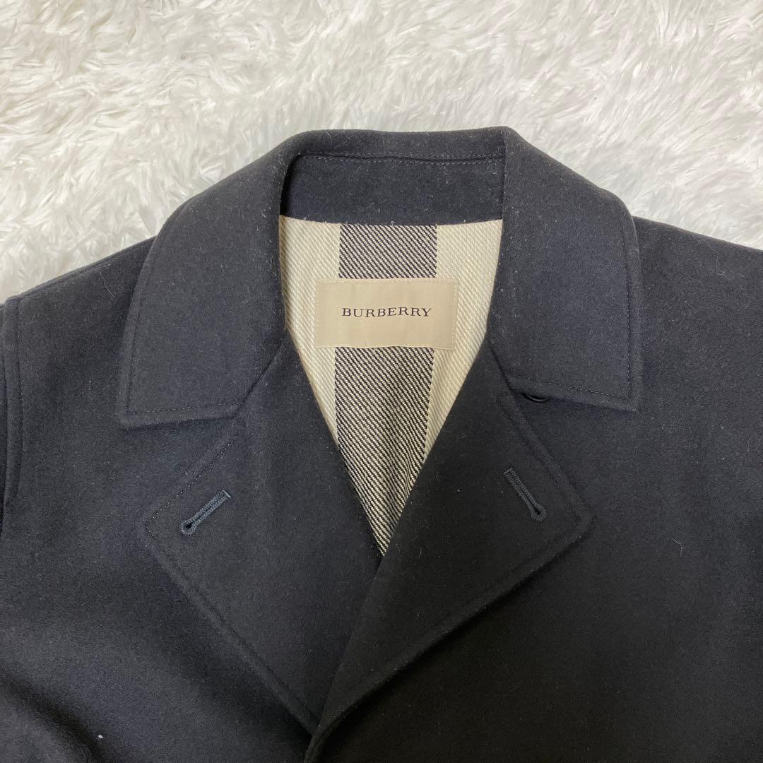 【美品】 Burberry カシミヤ混 ピーコート ネイビー ダブル チェック