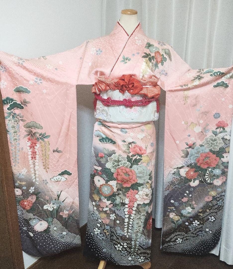 正絹振袖トールサイズ　絞りコーラルピンク清楚上品成人式フルセット