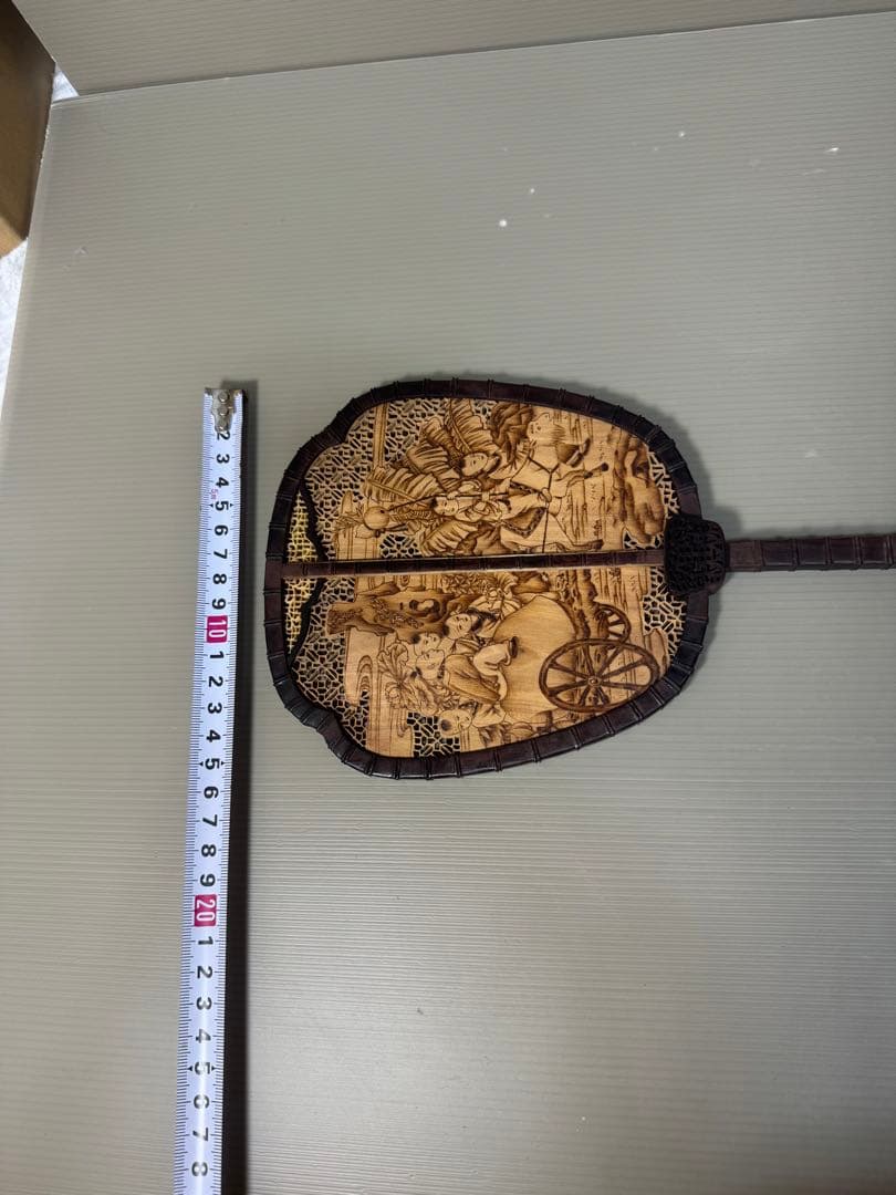 2268 中国美術 唐木造 白檀透彫刻 翡翠 軍配型硯屏 団扇　唐物　時代物