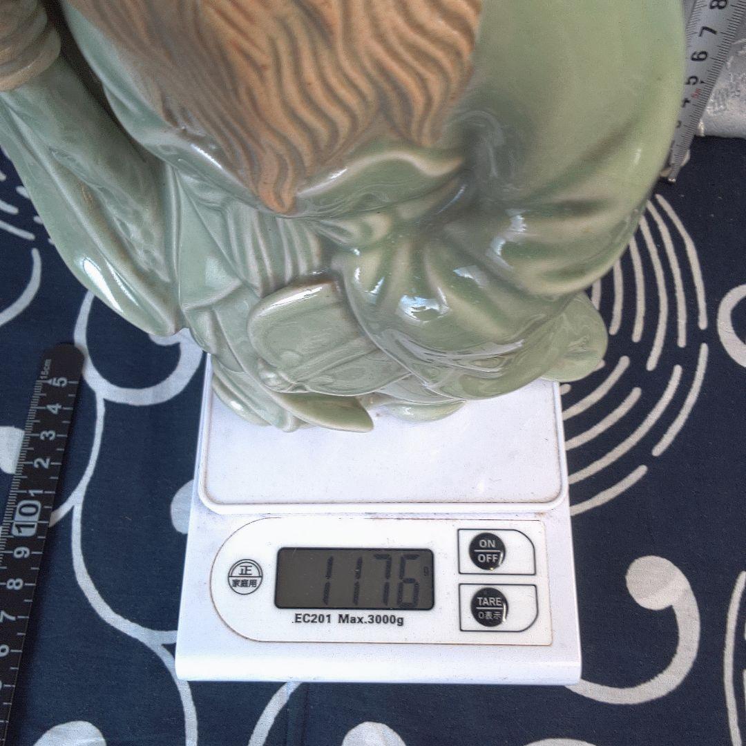 骨董４ 緑色の陶器製老賢者像 約20cm