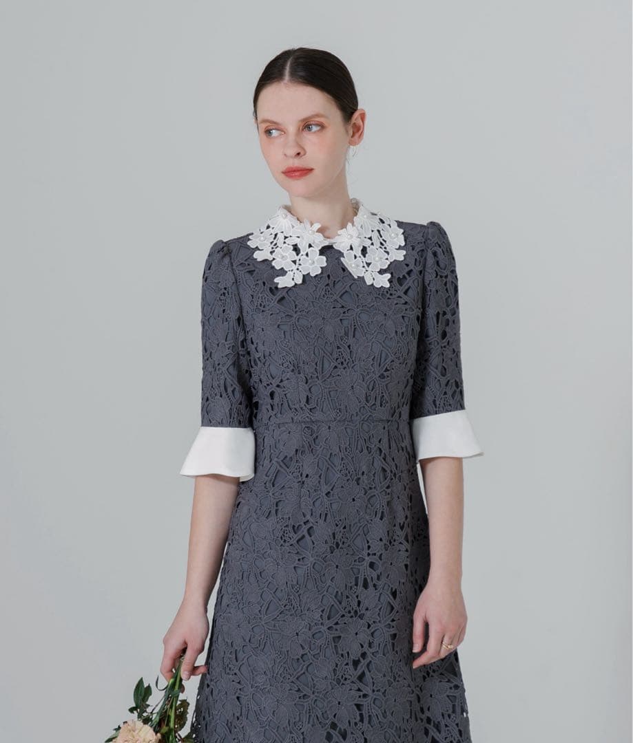 LEJA 花柄レースカラースパンコールAラインワンピースドレス