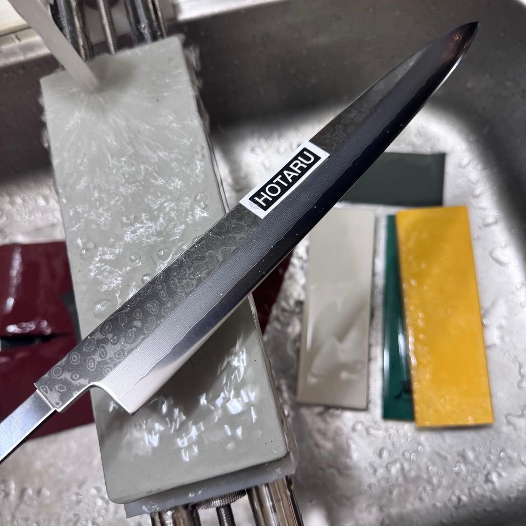 270mm ダマスカス墨流し柳刃包丁 オリーブウッド八角柄 鏡面仕上げ 刺身用