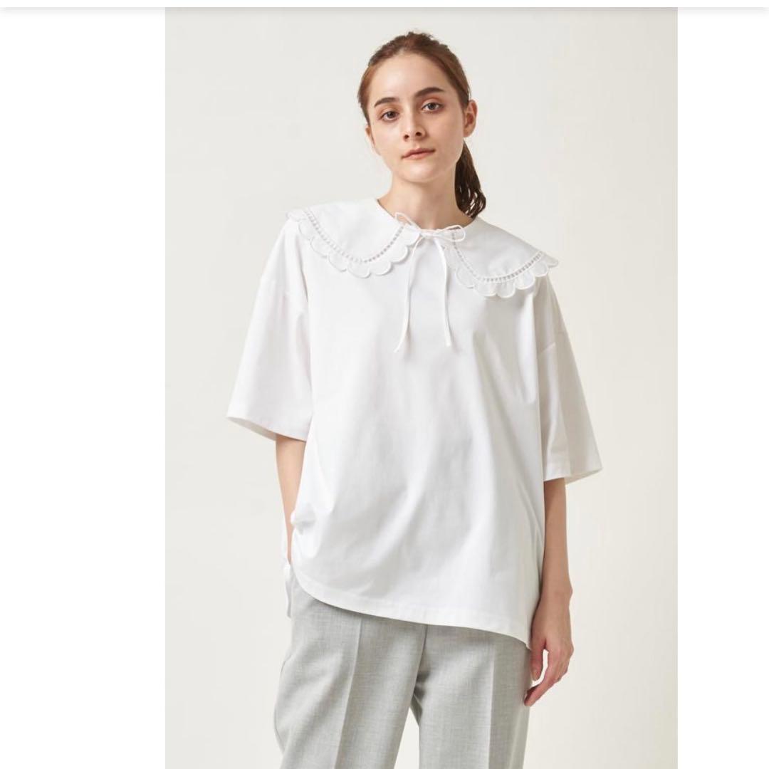 【値下げ】yori スクラップカラーカットソー 半袖 ホワイト