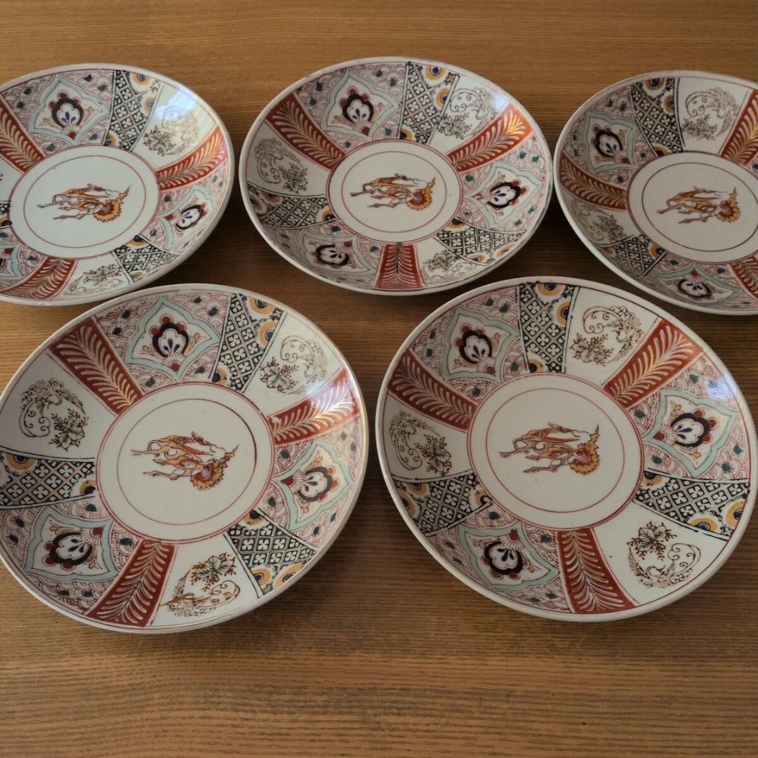 縁起物大皿5点手描き絵金絵昭和レトロ アンティーク器麒麟骨董 金彩色絵