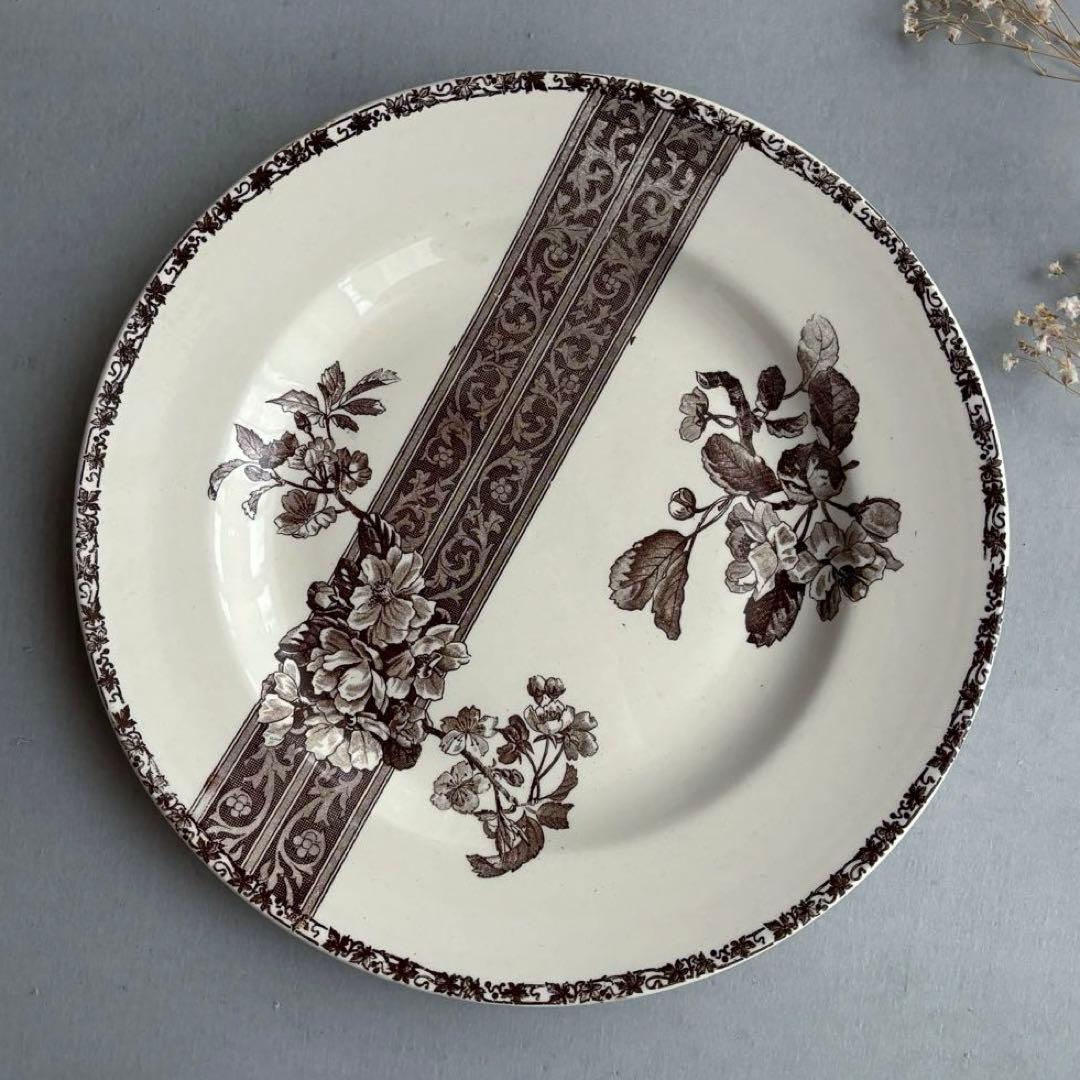 希少 大皿 フランス エミールブルジョワ セピア色のレースと花枝のプレート