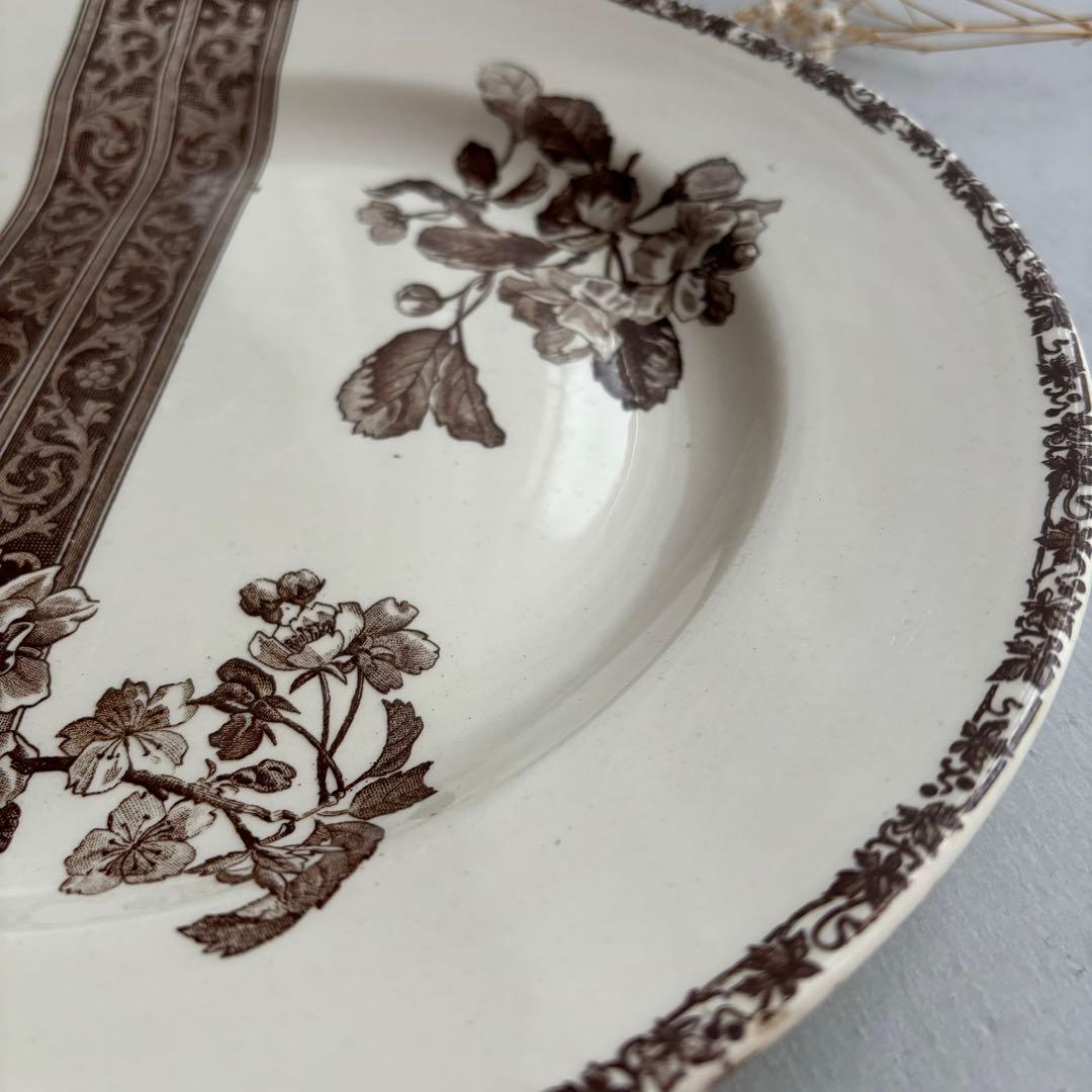 希少 大皿 フランス エミールブルジョワ セピア色のレースと花枝のプレート