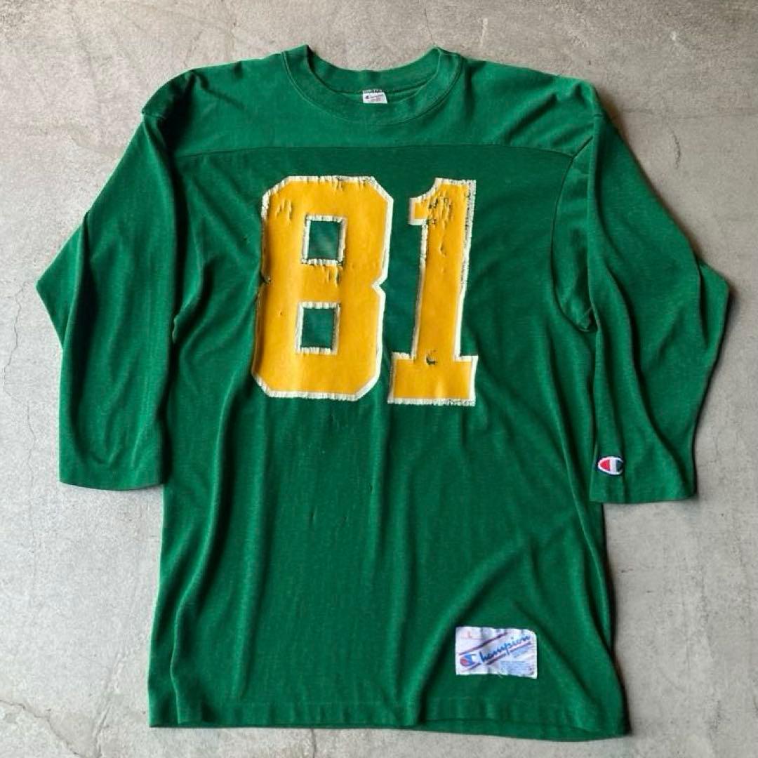 80s champion フットボールTシャツ L 緑 ボロ USA製