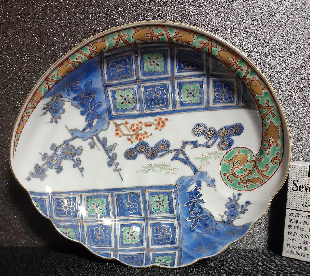 【名品麗美❗️】江戸時代　古伊万里　染錦　金彩色絵　松竹梅に花市松文　鮑形変形皿