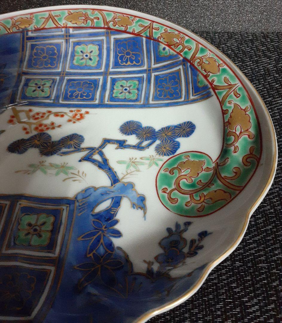 【名品麗美❗️】江戸時代　古伊万里　染錦　金彩色絵　松竹梅に花市松文　鮑形変形皿