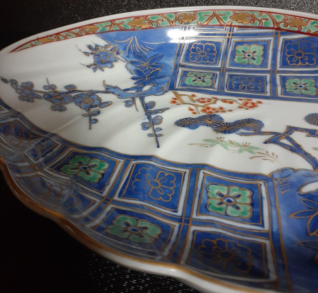 【名品麗美❗️】江戸時代　古伊万里　染錦　金彩色絵　松竹梅に花市松文　鮑形変形皿