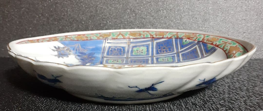 【名品麗美❗️】江戸時代　古伊万里　染錦　金彩色絵　松竹梅に花市松文　鮑形変形皿