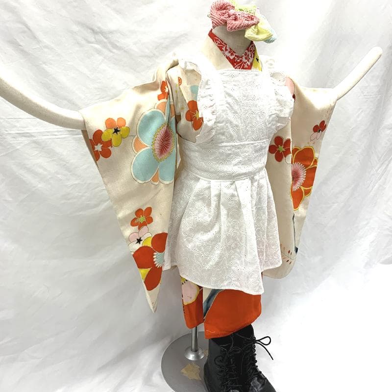 4009ag98, 半衿□七五三 三歳 女児 アンティーク 着物のみ 五つ紋□