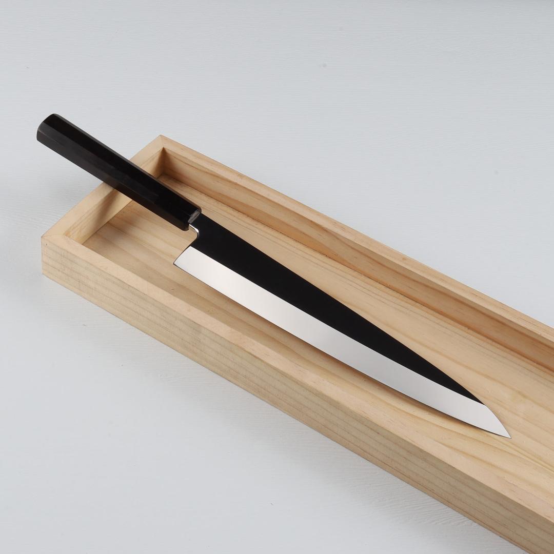 7492 身卸し・舟行 9寸 ウルトラ鏡面仕上げ 刺身包丁 黒檀黒水牛角八角柄