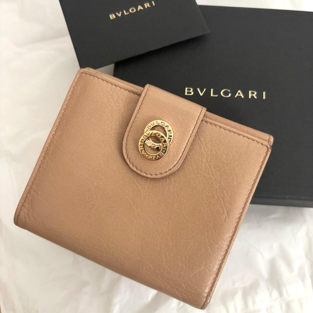 付属品完備✨ブルガリ 二つ折り財布 ダブルサークルロゴ 本革レザー ベージュ