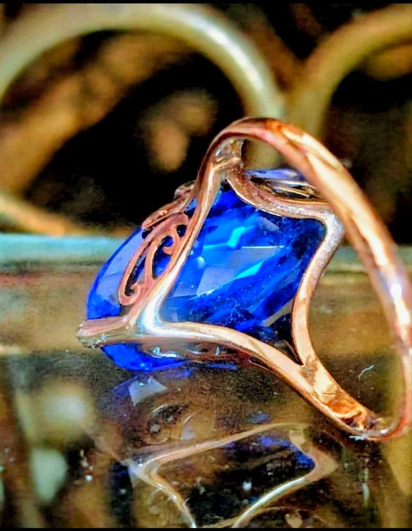 希少✨️戦前✧*。K18 合成サファイア ２色金 昭和ヴィンテージリング 6号