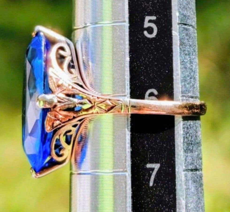 希少✨️戦前✧*。K18 合成サファイア ２色金 昭和ヴィンテージリング 6号