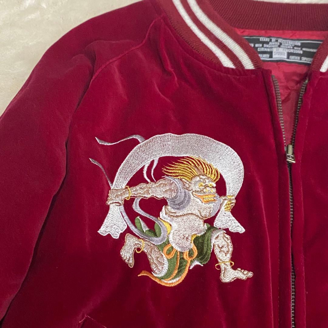 【美品】ジャングルストーム 別珍 ベロア スカジャン 風神 刺繍 L
