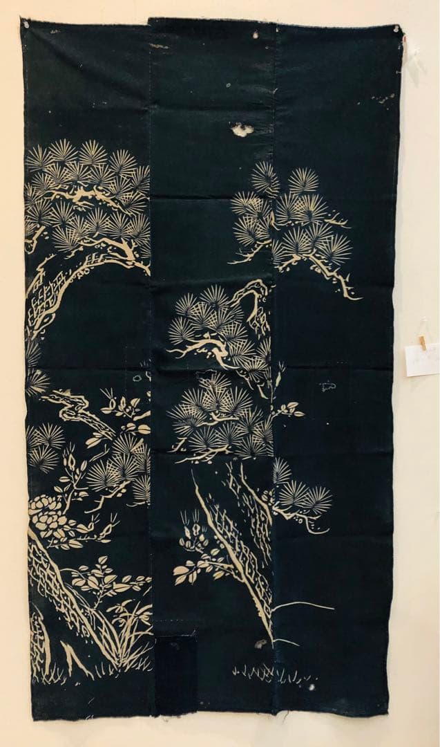 藍染筒描き三巾加賀のれん時代物木綿古布　ソ-229