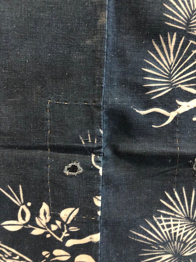 藍染筒描き三巾加賀のれん時代物木綿古布　ソ-229