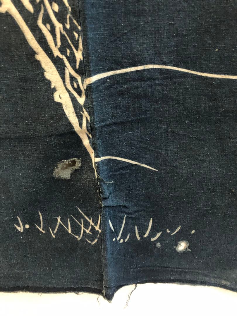 藍染筒描き三巾加賀のれん時代物木綿古布　ソ-229
