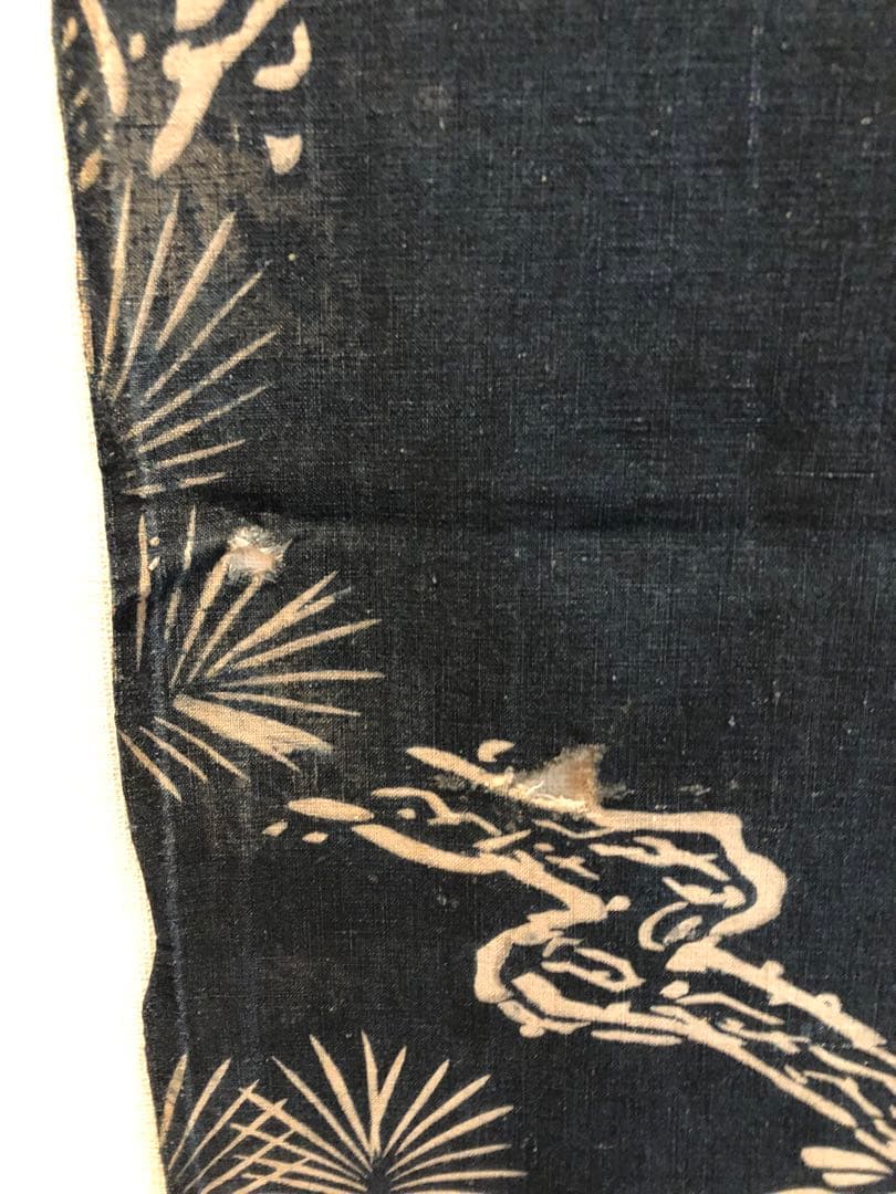 藍染筒描き三巾加賀のれん時代物木綿古布　ソ-229