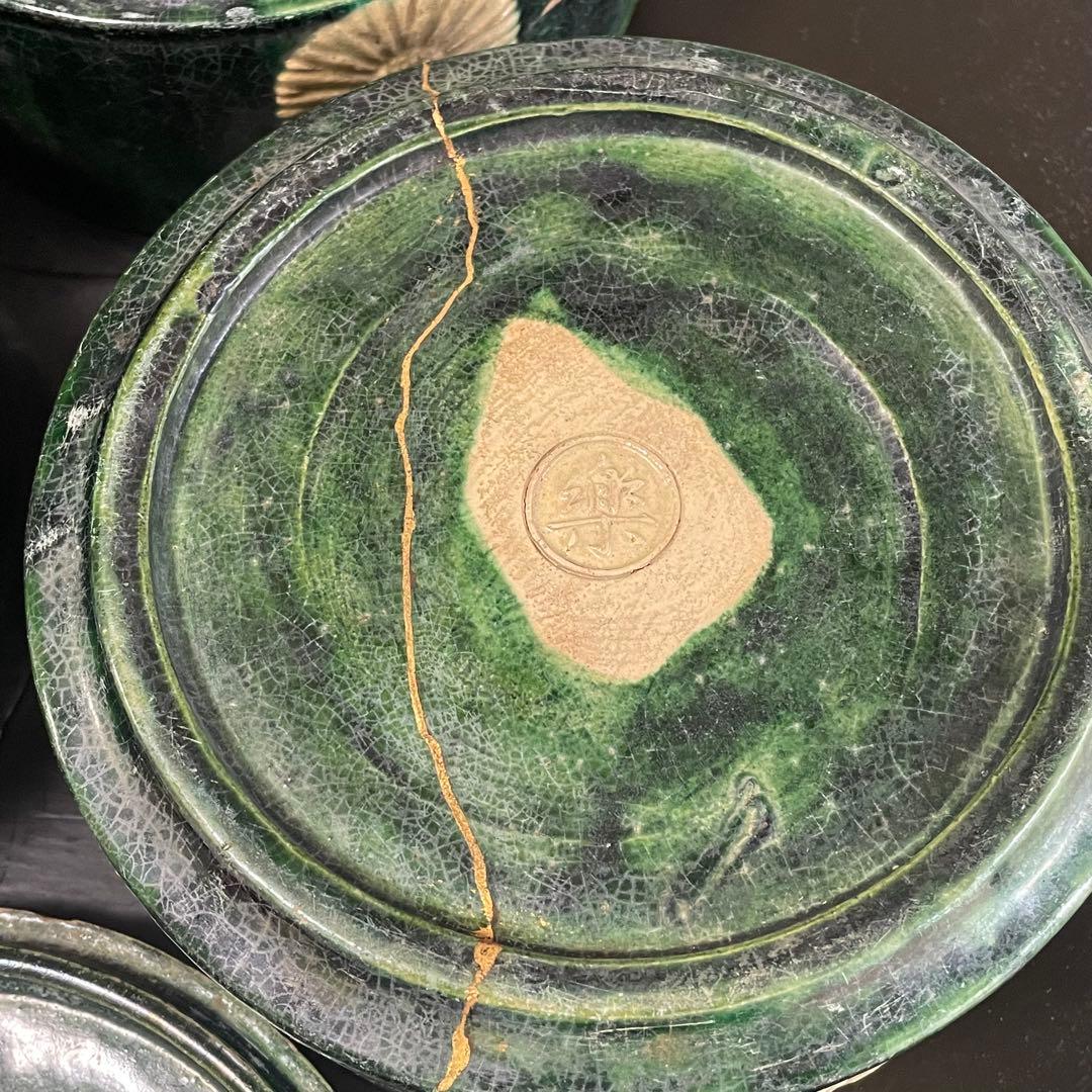 陶器　三段重　アンティーク　骨董品　貫入　金継ぎ　焼物　蓋物