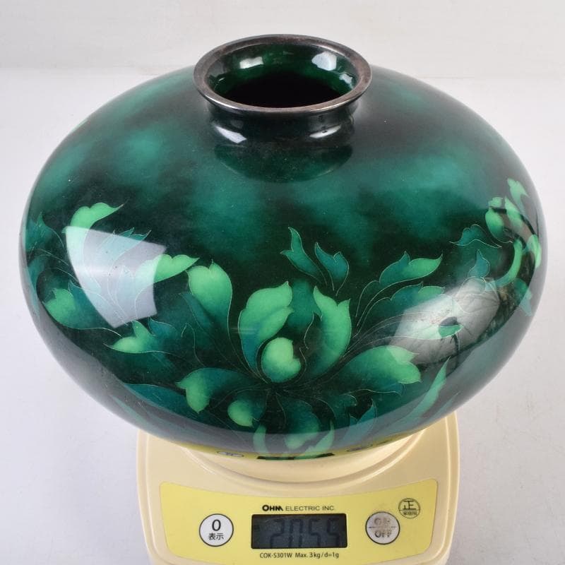 七宝焼　安藤七宝店　SILVER刻印　翡翠釉　花文　花瓶　共箱　M　R8879B