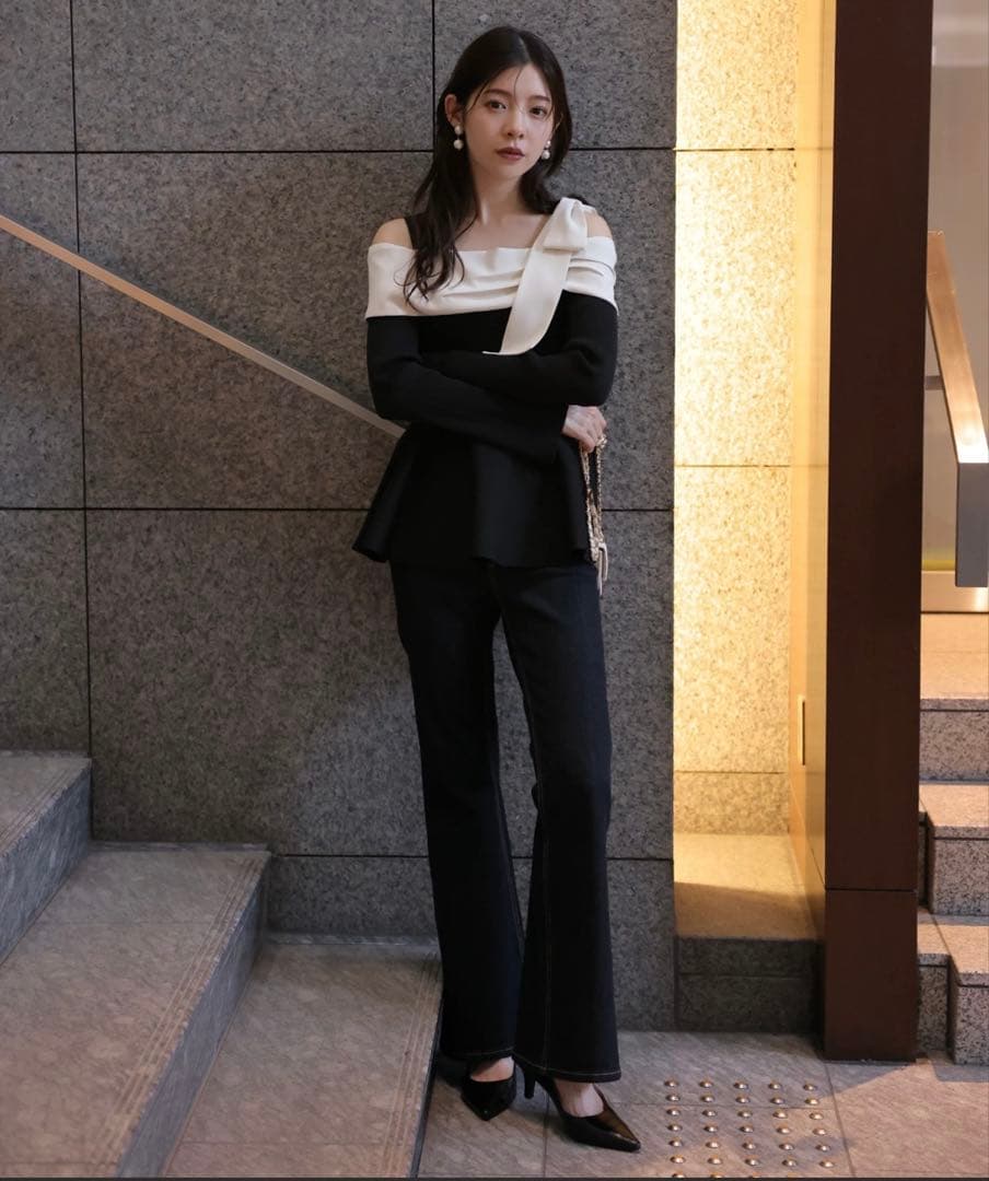 【Rirandture】オフショルリボンドッキングニット　未使用タグ付き　M