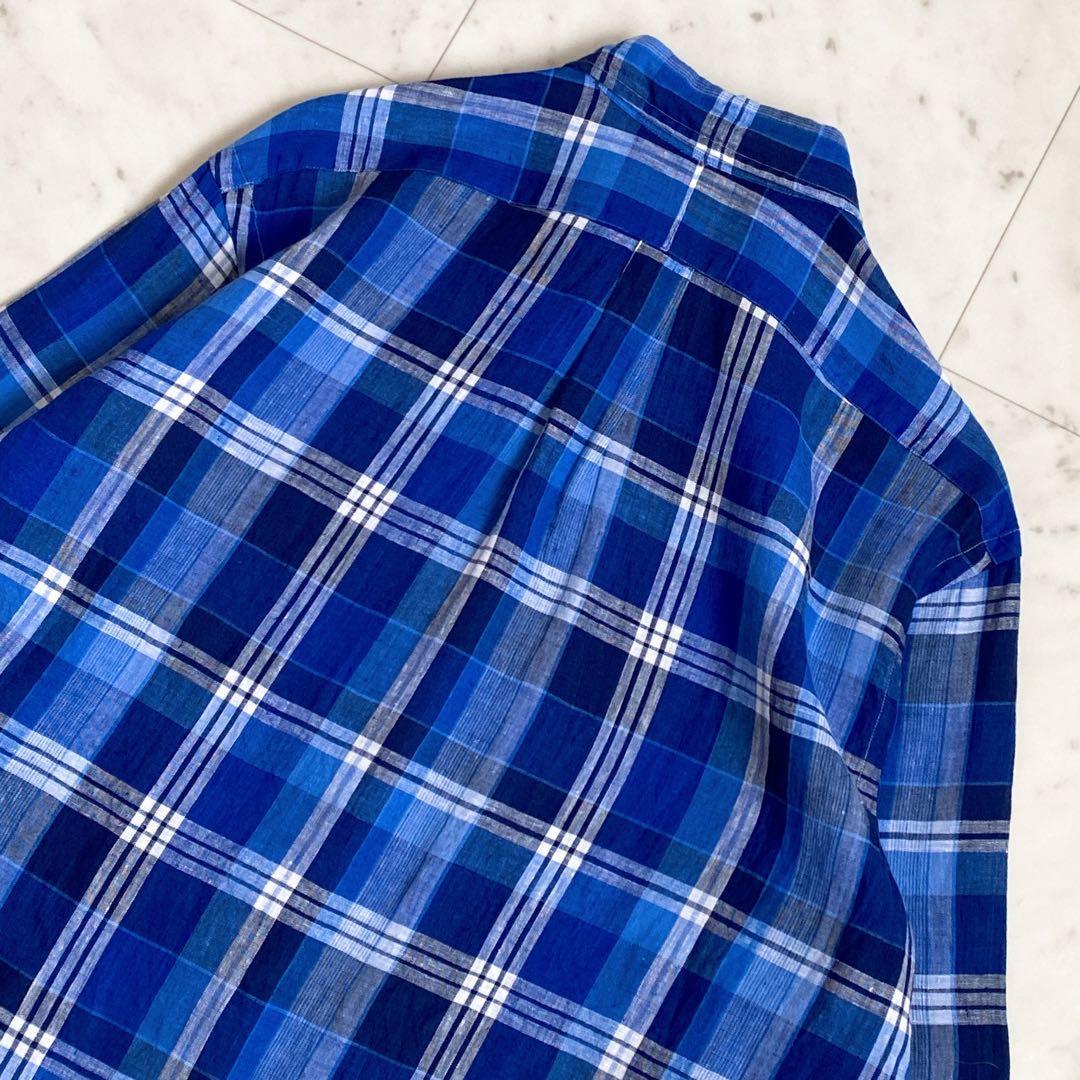 美品✨ラルフローレン　チェック柄リネン100%BD長袖シャツ　麻　ブルー　XL